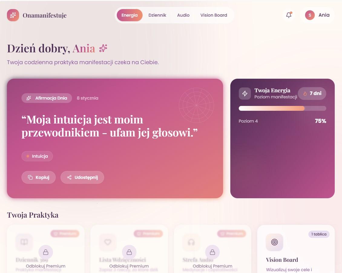 Onamanifestuje Dashboard Preview
